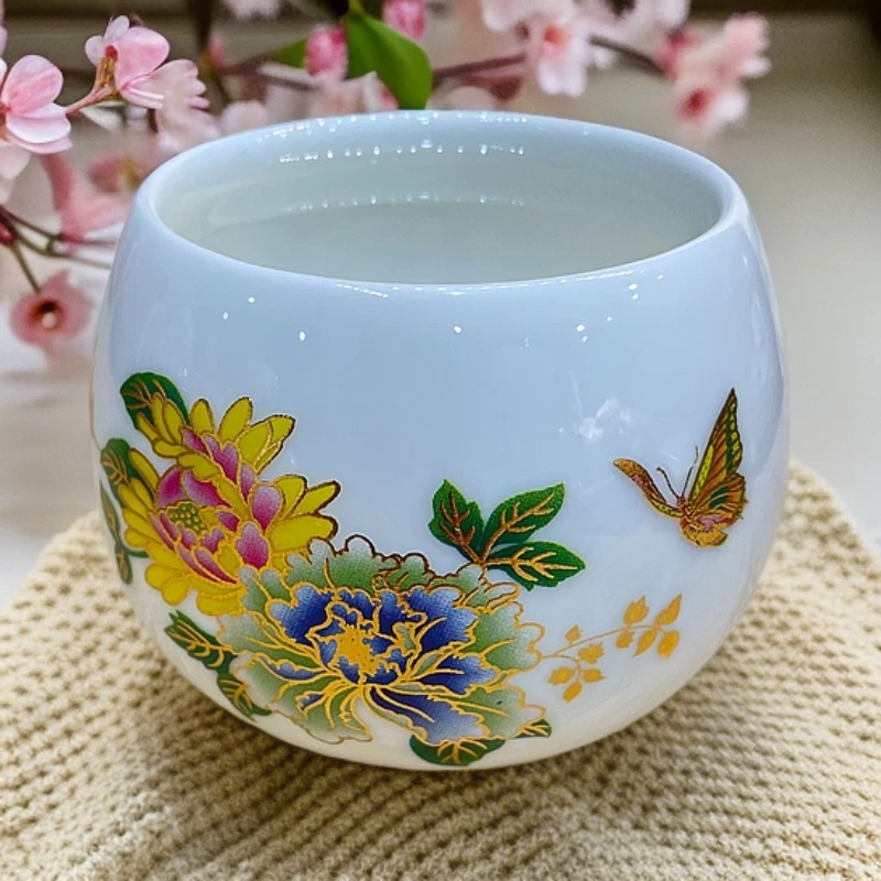 德艺 L412冰种玉瓷掐丝牡丹蝶恋花预热变色龙蛋杯约180ml陶瓷白瓷