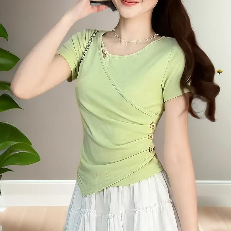 夏季新款不规则V领百搭短袖收腰设计感T恤时尚洋气上衣女显瘦遮肉