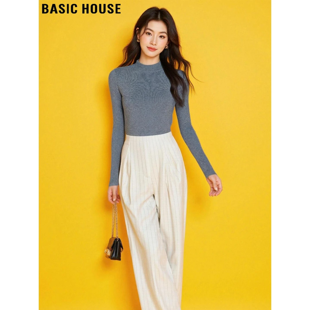 Basic House/百家好高级感灰色半高领针织衫女士2025秋冬打底毛衣