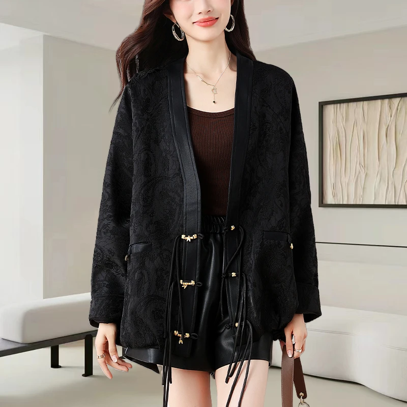 新中式V领蝙蝠袖提花外套女士2025秋季新款时尚气质拼接百搭上衣