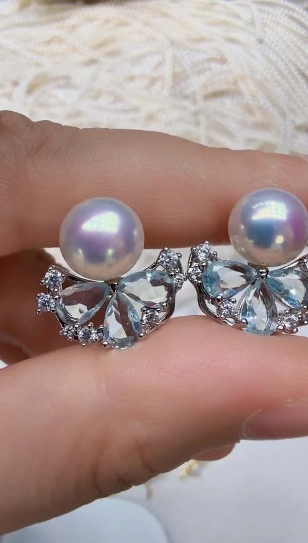 合金淡水珍珠耳饰海蓝耳钉