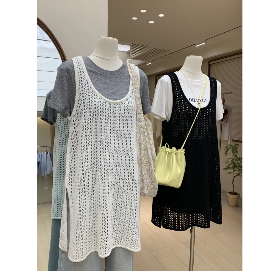 韩版chic甜美叠穿马甲镂空针织罩衫背心女宽松中长款侧开叉遮臀潮