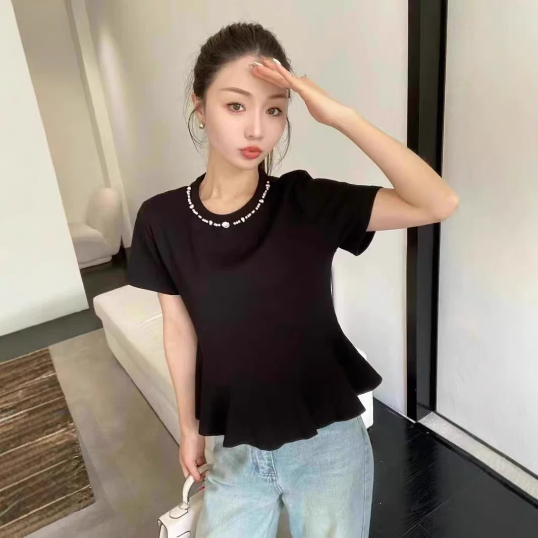 圆领钉珠拼接荷叶边修身百搭短袖T恤 295