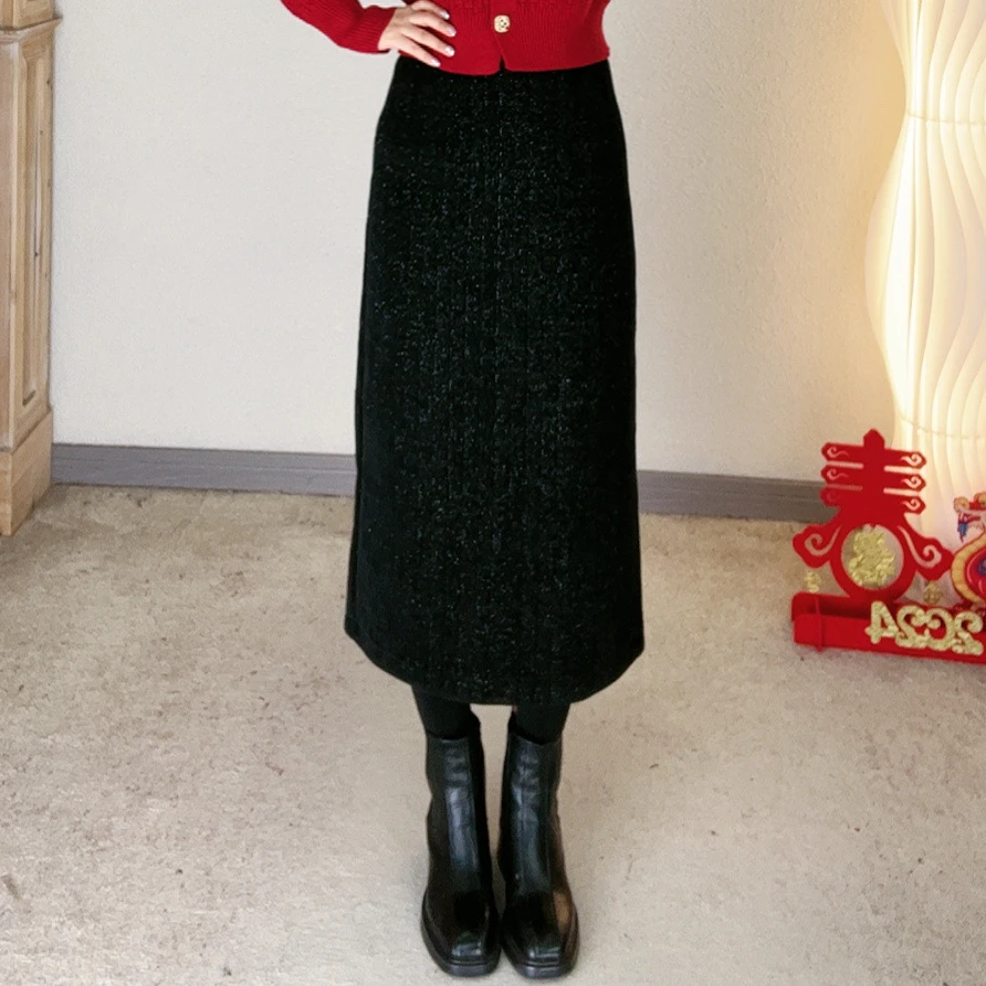 【璀璨星河】加厚小香风拉链款直筒2024款开叉百搭半身裙