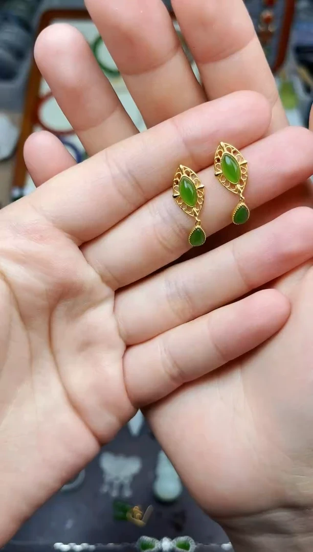 银S925镶嵌和田玉耳饰水滴耳钉06