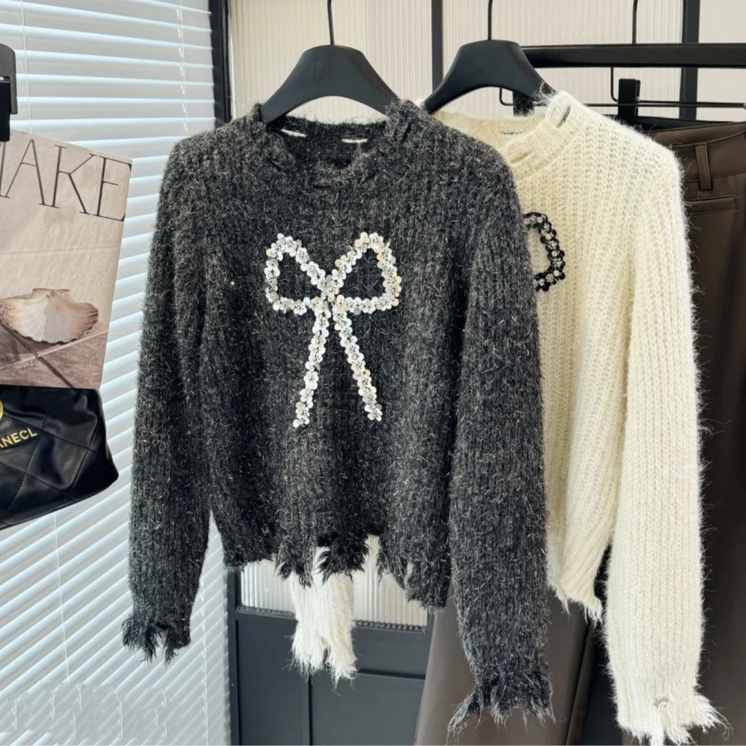 重工轻奢亮片蝴蝶结毛边秋冬短款时尚细闪毛衣