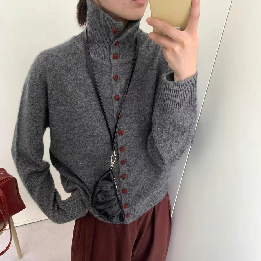 韩系气质休闲半高领撞色纽扣软糯针织开衫女秋冬百搭上衣1