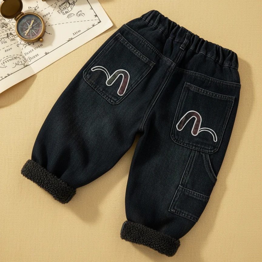 中小童洋气冬季加厚休闲长裤儿童加绒牛仔裤2025新款男童韩版冬装