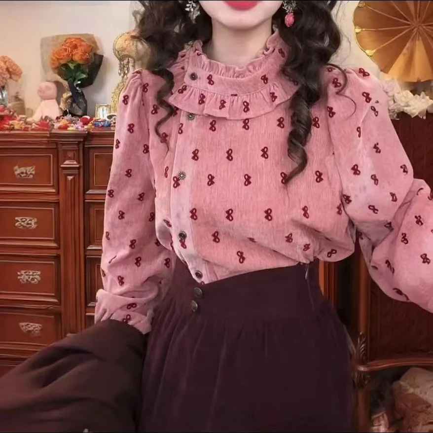 港风复古别致斜襟温柔蝴蝶结衬衫女秋冬加绒加厚衬衣通勤百搭上衣