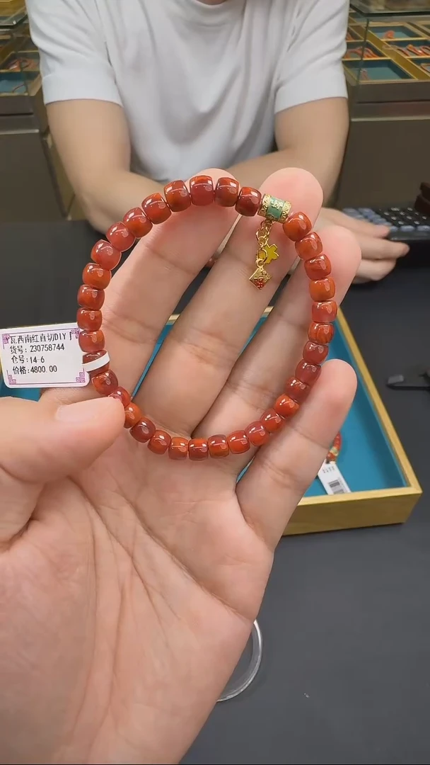 南红玛瑙手串银S925镶嵌瓦西锦玫双色火焰纹直切卡6