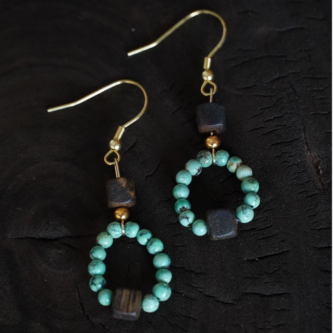 925银木质耳饰 【清雅】方珠925银耳环原创设计款