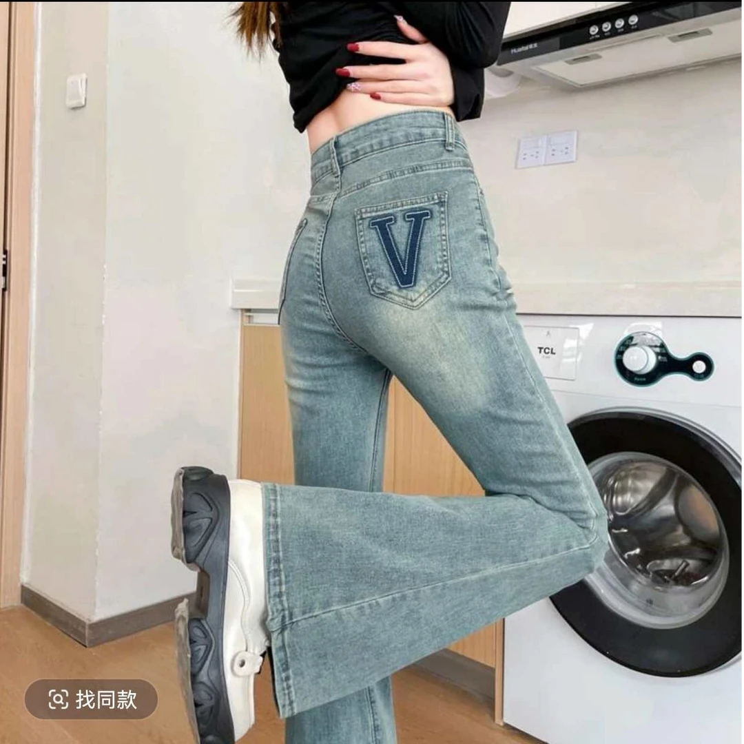 2601裤长96高腰微喇牛仔裤女春秋显瘦显腿长复古百搭弹力喇叭裤