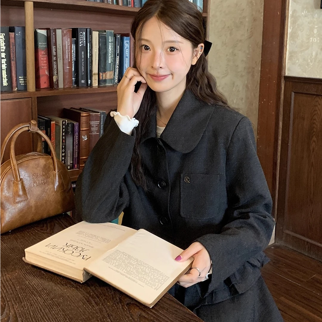 高端货~复古小资外套百褶短裙套装秋冬新款miu系气质显瘦两件套