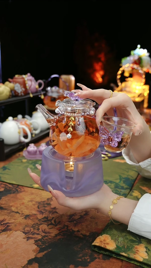 紫色温茶台+茶壶+链子+杯子