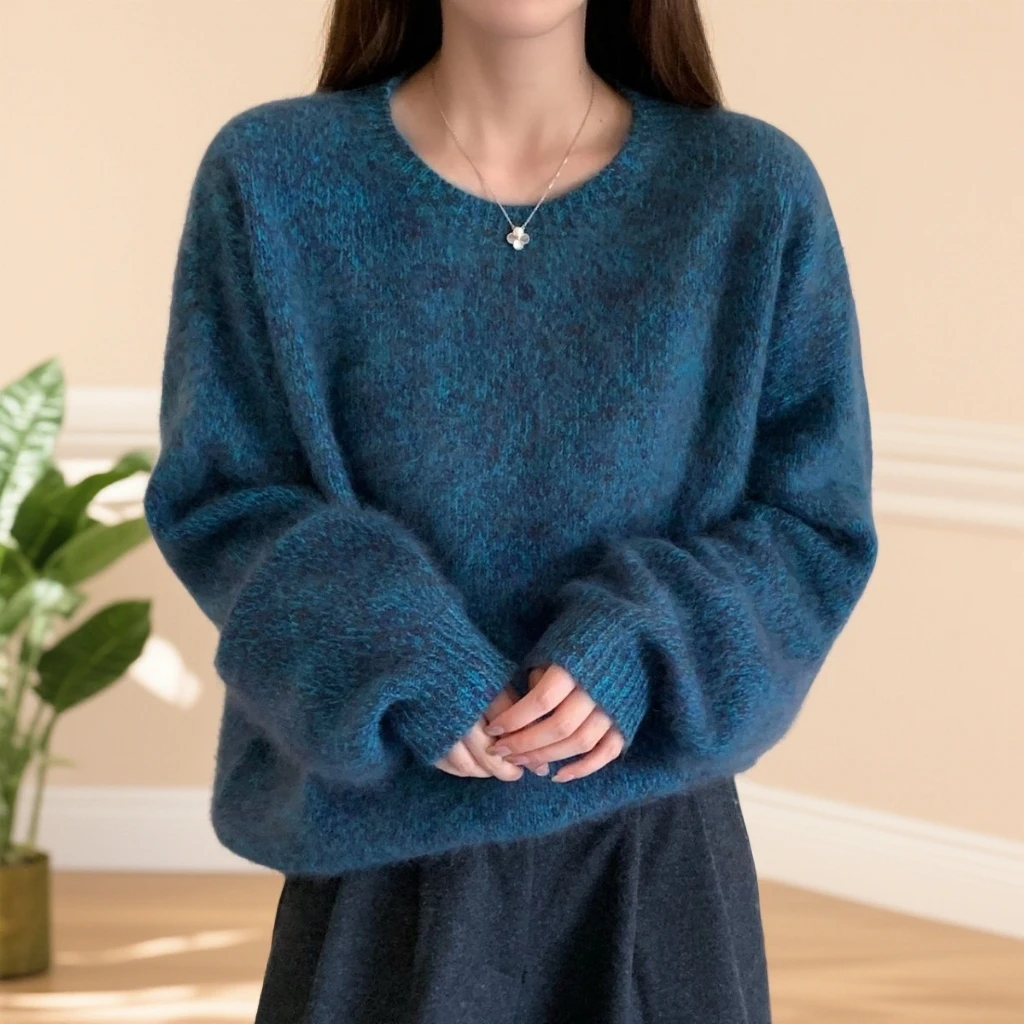 【2025年重磅】定制拉毛圆领针织衫宽松时尚百搭款纯色加厚韩版