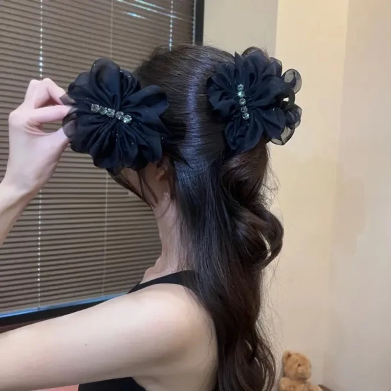 黑色轻奢高级感蝴蝶结发夹百搭复古韩版优雅显发量抓夹