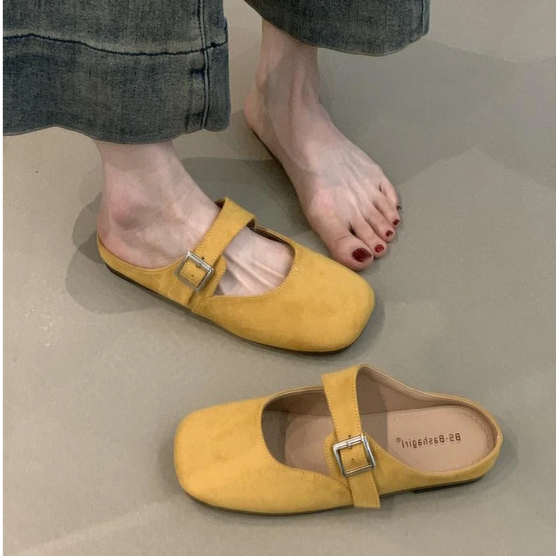 BS-L700-1温柔仙女包头半拖鞋2025法式甜美绒面方头一脚蹬勃肯鞋
