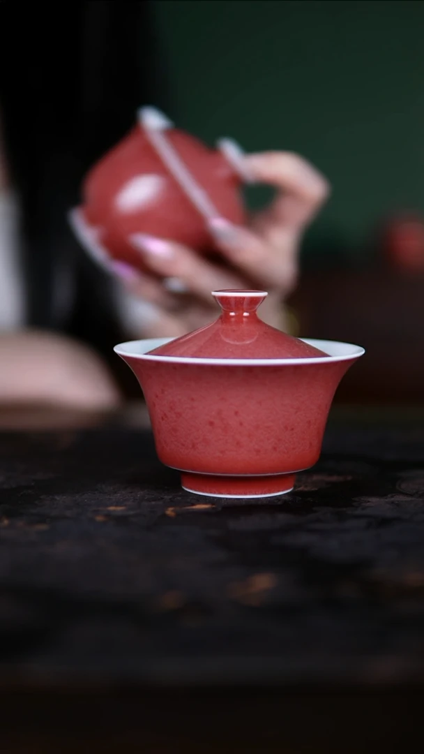 盖碗景德镇纯手工陶瓷豇豆红