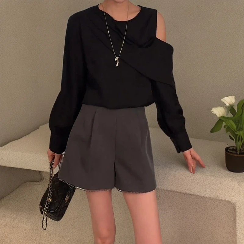 时尚百搭显瘦宽松小众设计感网红韩版黑色气质高腰休闲外穿打