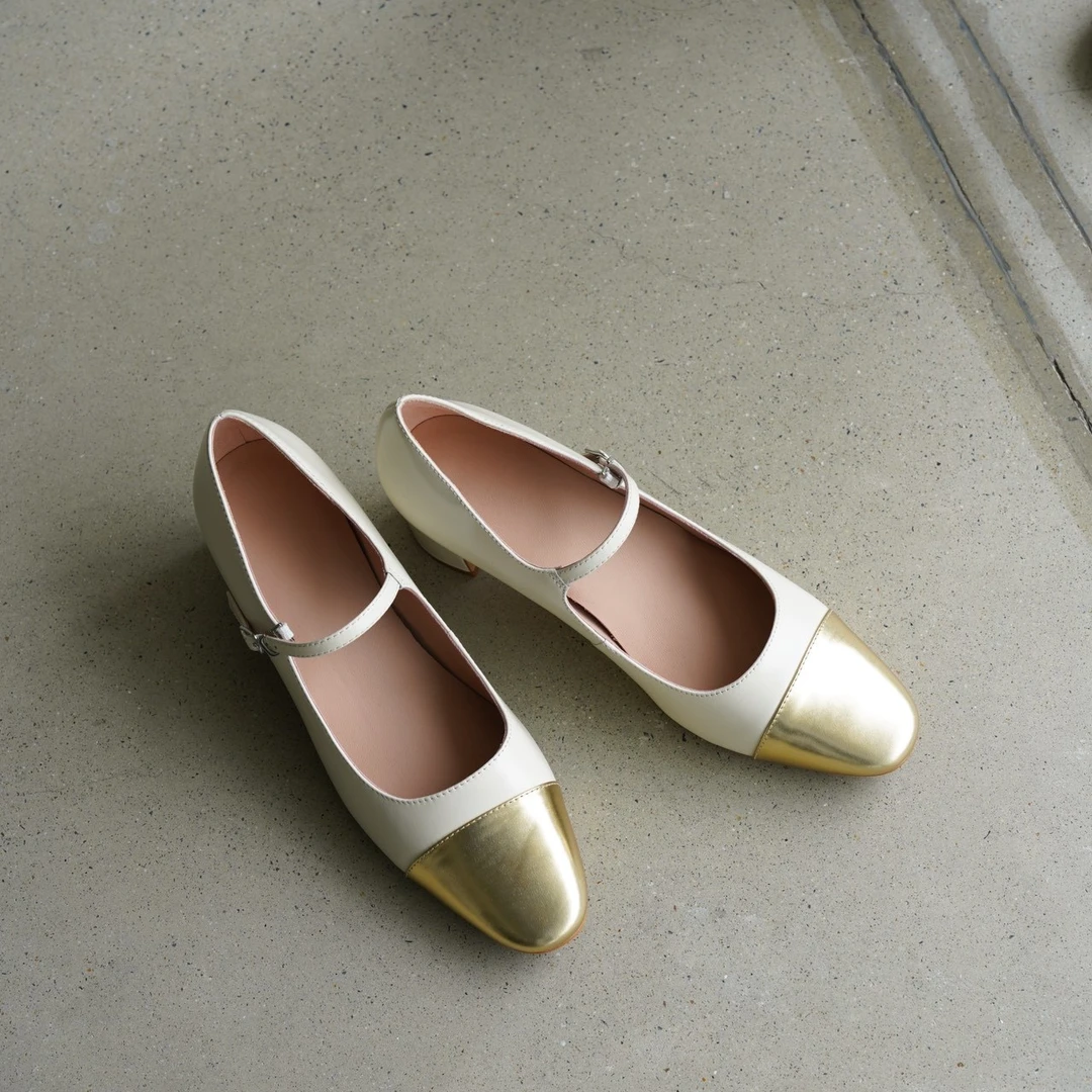 2025新款真皮粗跟浅口拼色高跟女鞋单鞋复古小方头百搭玛丽珍女鞋
