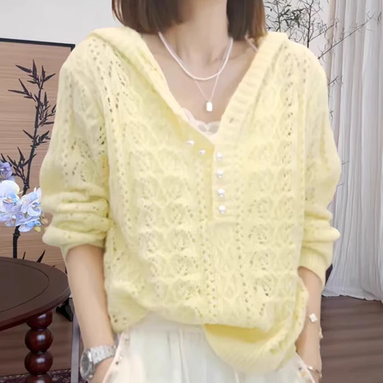 2025春夏新款超好看韩系上衣宽松镂空连帽针织衫时尚别致长袖罩衫