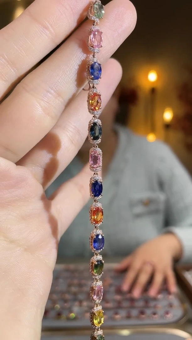 手链彩色蓝宝石银S925镶嵌手链