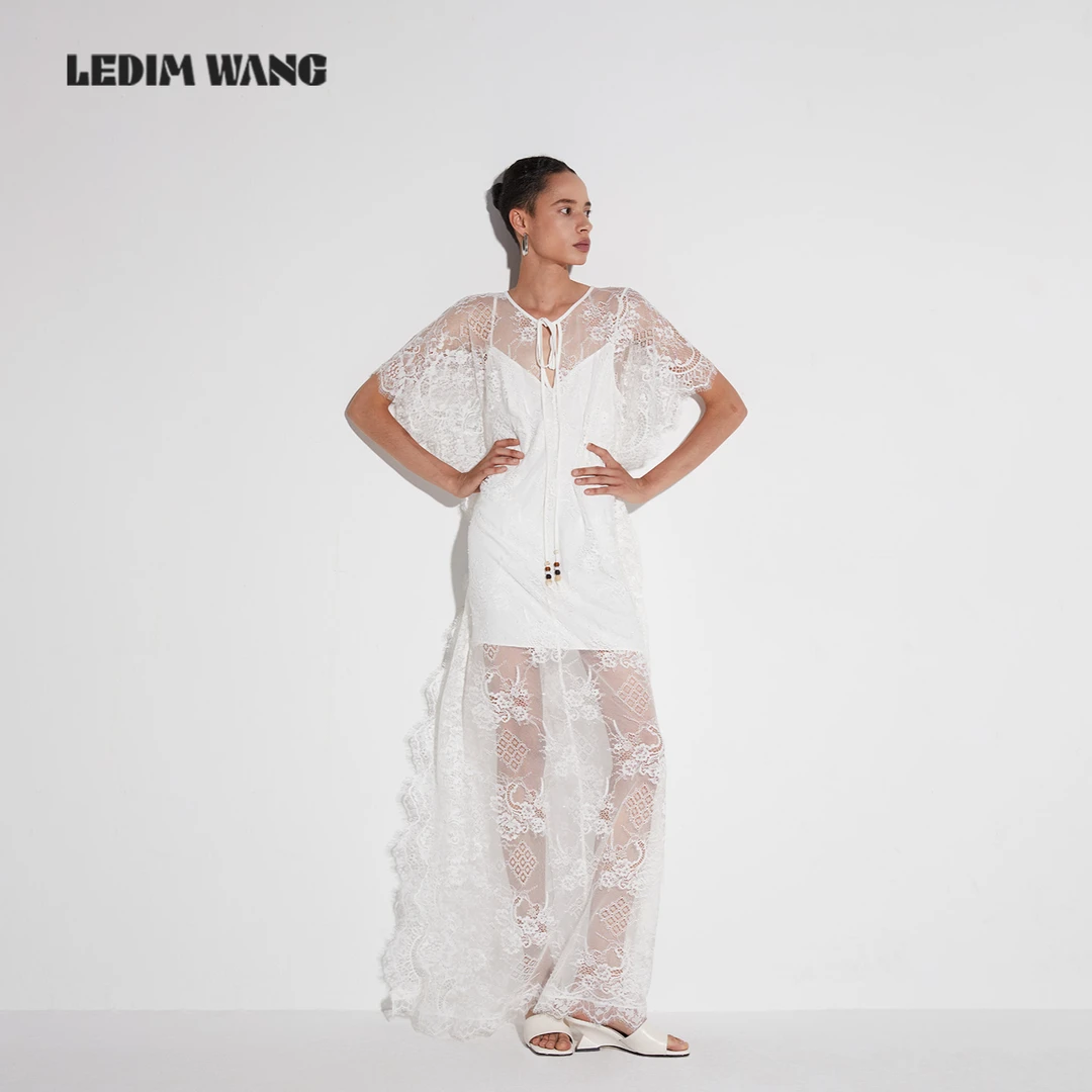 LEDIM WANG【白标系列】微风蕾语直筒连衣裙女夏季新款纯色蕾丝长裙