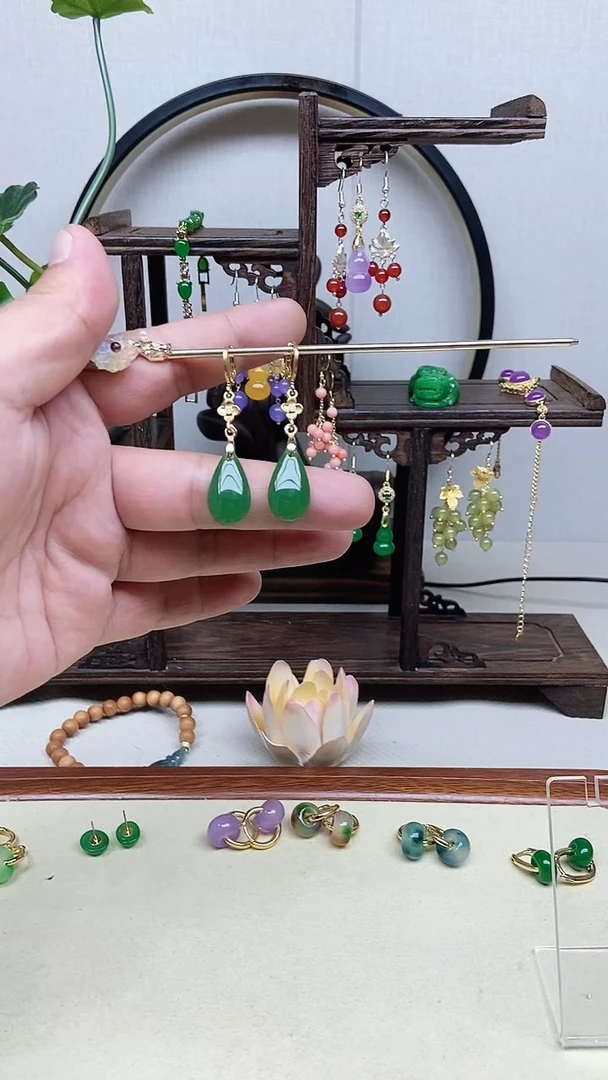 和田玉14K金镶嵌耳饰73号