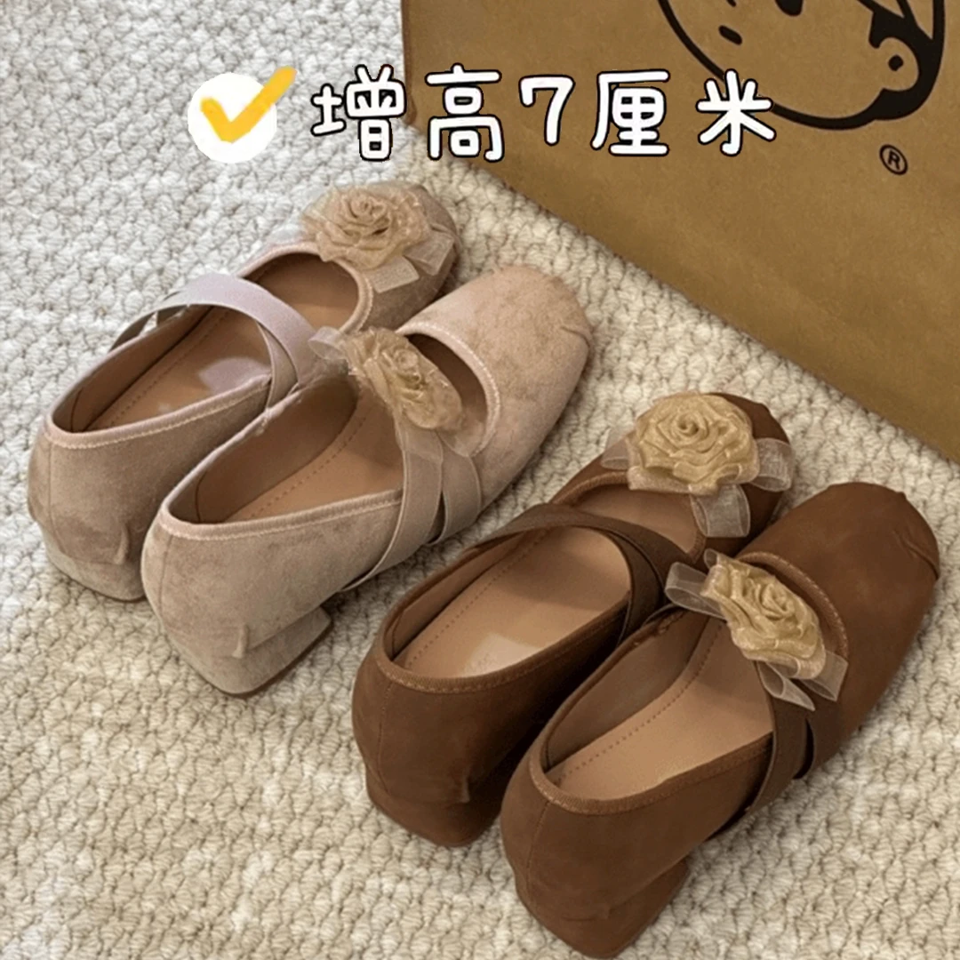 内增高跟7cm芭蕾风少女单鞋软底圆头复古山茶花温柔晚晚淑女女鞋