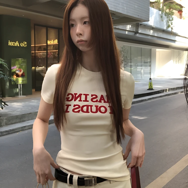辣妹正肩短袖t恤女字母印花夏季圆领上衣女夏季新款韩系穿搭女装