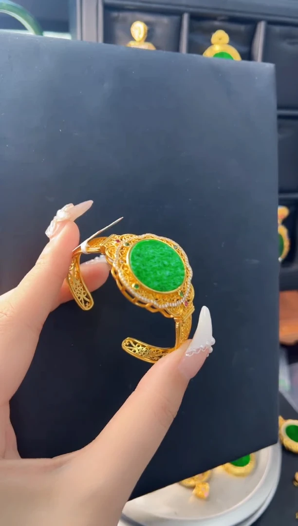 【闪购商品】翡翠手镯银S925镀金镶嵌天然缅甸翡翠A货手镯