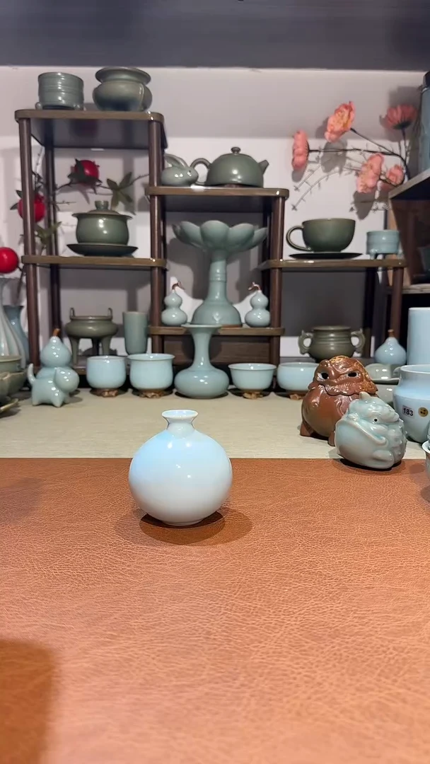摆件瓷石榴瓶 花插摆件茶宠 天青釉一级精品