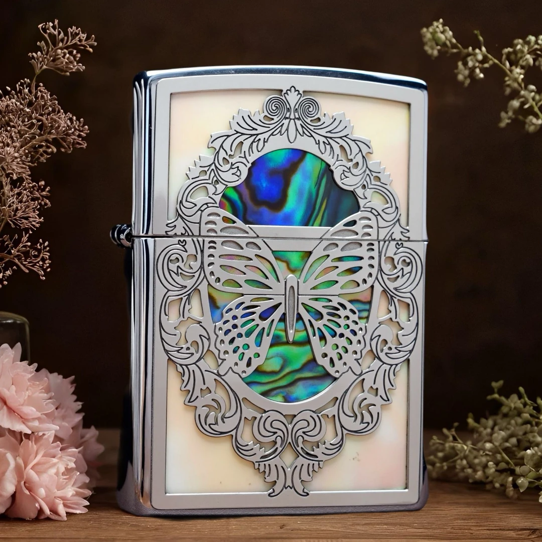 ZIPPO/之宝打火机蝴蝶盔甲镂空掐丝贝壳镜面原装防风银色DYJ1