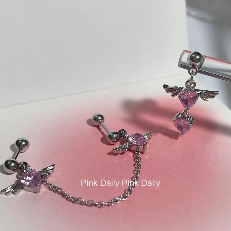 钛钢耳饰 Pink Daily粉色锆石爱心耳骨钉甜酷链条翅膀钛钢耳钉