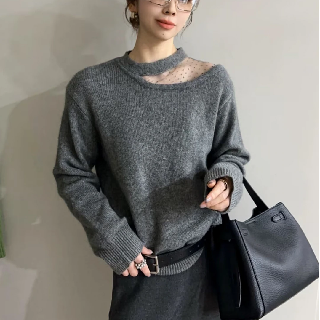 镂空网纱细上衣针织衫女欧洲站2025冬装新款欧货女装毛衣打底衫潮