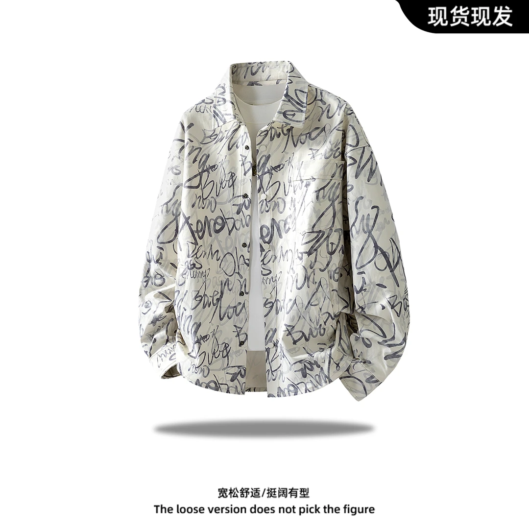 满印字母衬衫外套男2025新款帅气休闲百搭上衣大码宽版学生衬衣
