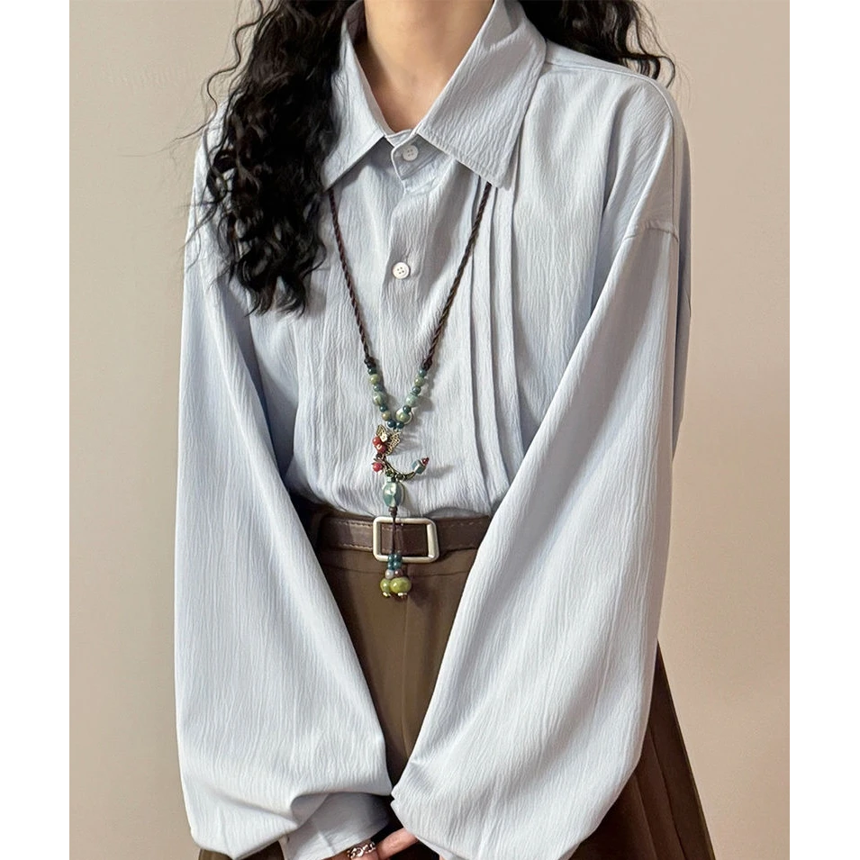 2025春日系文艺风压褶设计感长袖衬衫宽松纯色休闲百搭衬衫上衣女