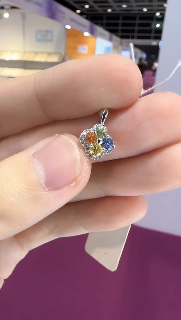 颈饰蓝宝石银S925镶嵌彩蓝宝石吊坠四叶花吊坠10mm