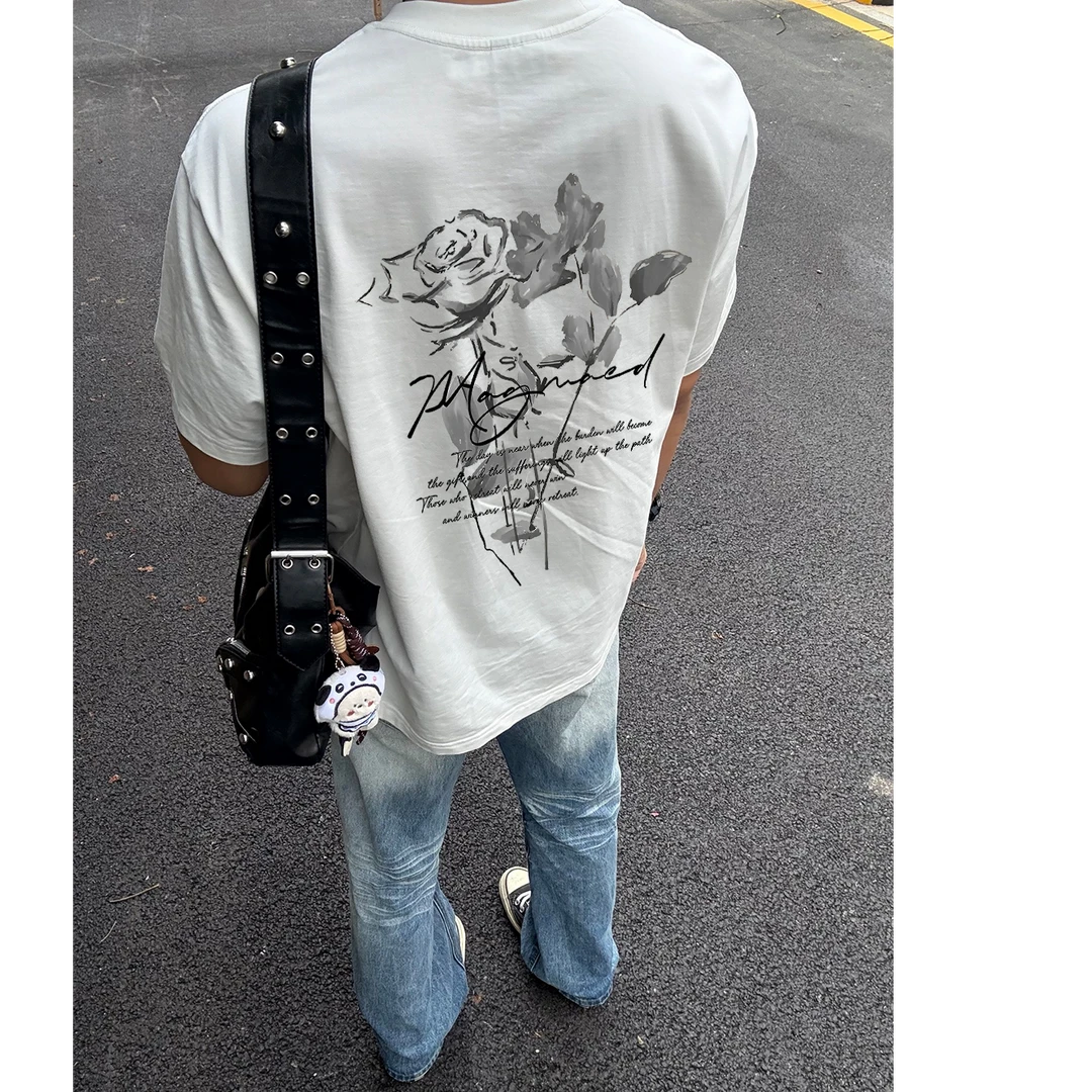 国潮水墨风美式复古短袖t恤男潮牌宽松重磅纯棉男生半袖高街上衣