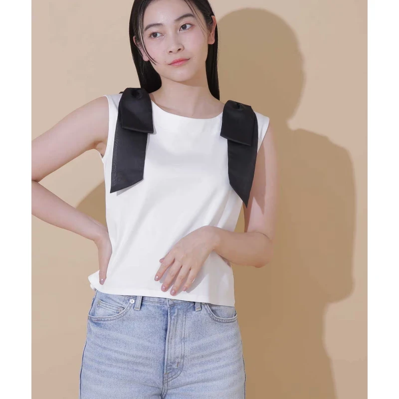 【DD外贸】 J 夏季新款 纯棉时尚气质修身撞色蝴蝶结绑带上衣休闲