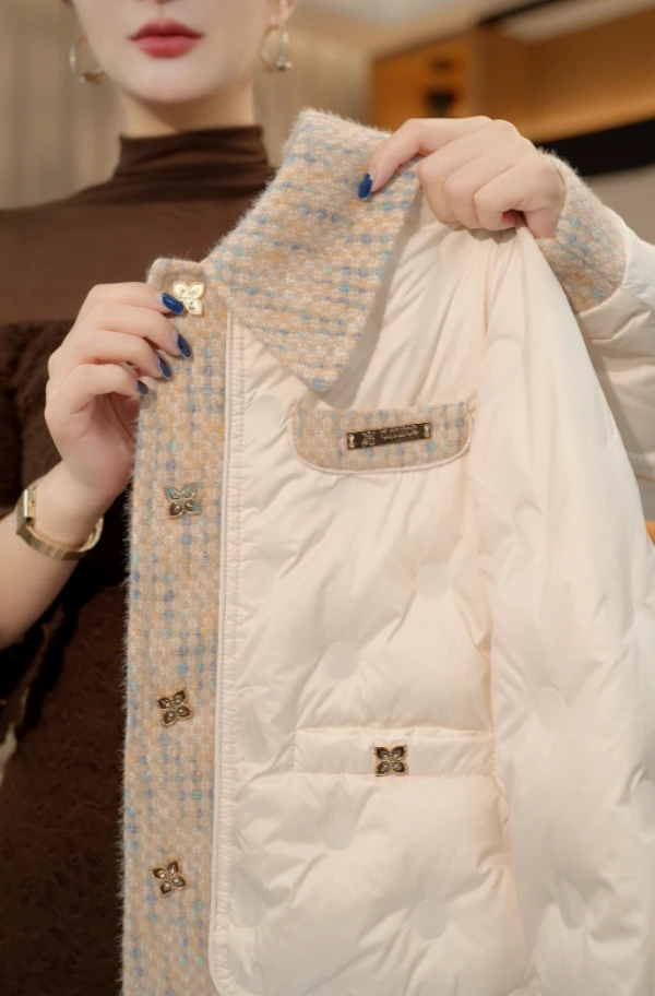 [甄选大朵鸭绒]25年冬镜花白保暖小香风外套时髦减龄白鸭绒羽绒服