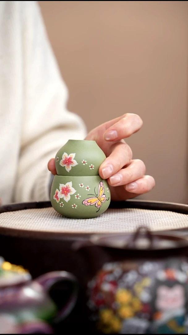 茶壶紫砂豆青砂葫芦杯两件套