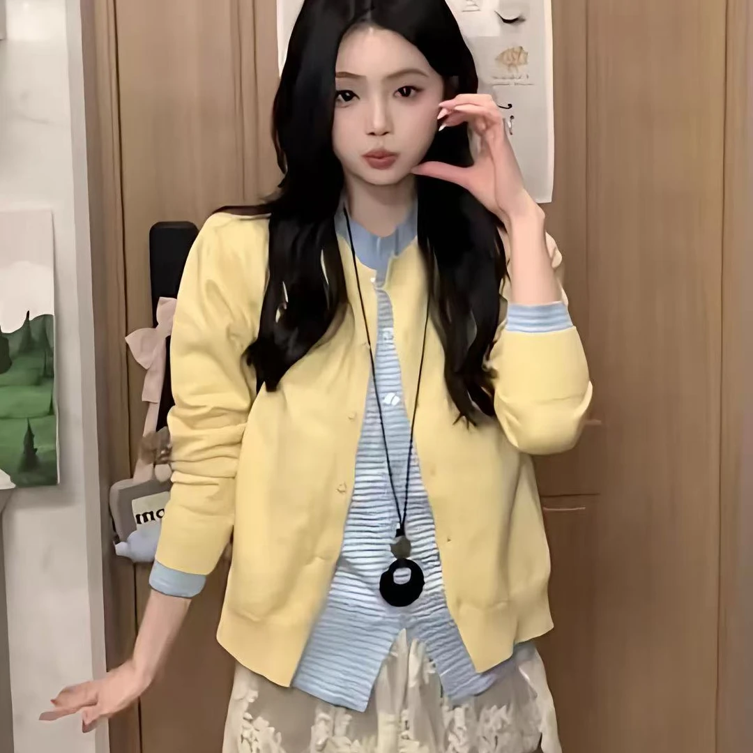 韩系慵懒毛衣开衫外套女早春撞色拼接黄色学院风假两件针织衫上衣