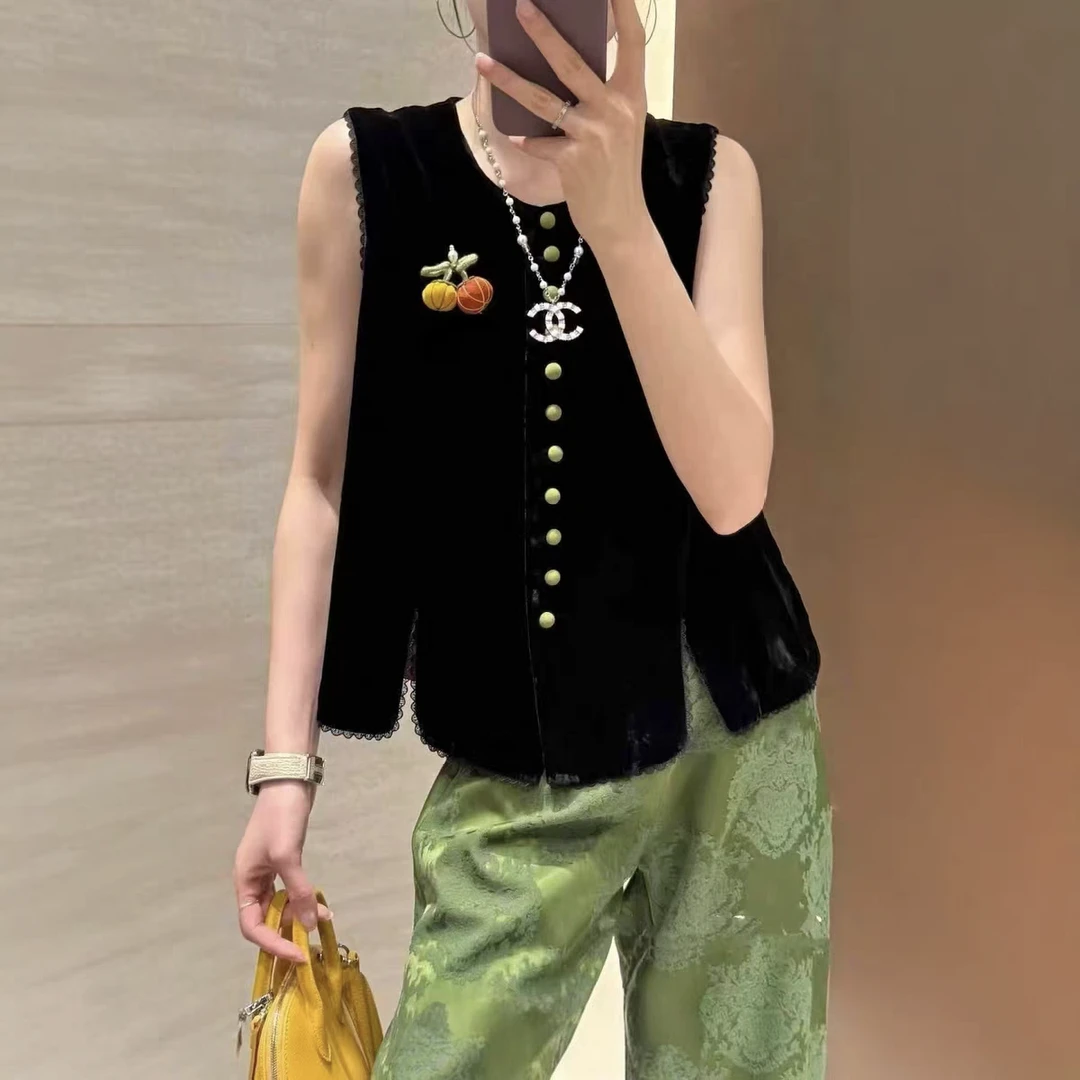 【小南瓜】新中式国风时尚秋季马夹彩扣设计丝绒马甲女减龄背心外搭