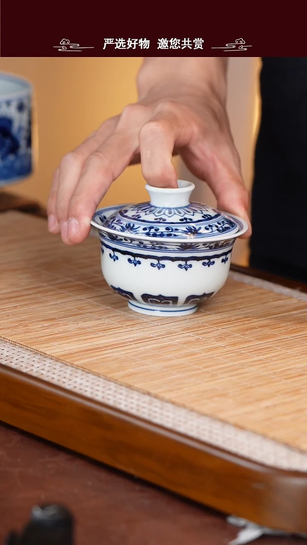手工手绘青花高温盖碗