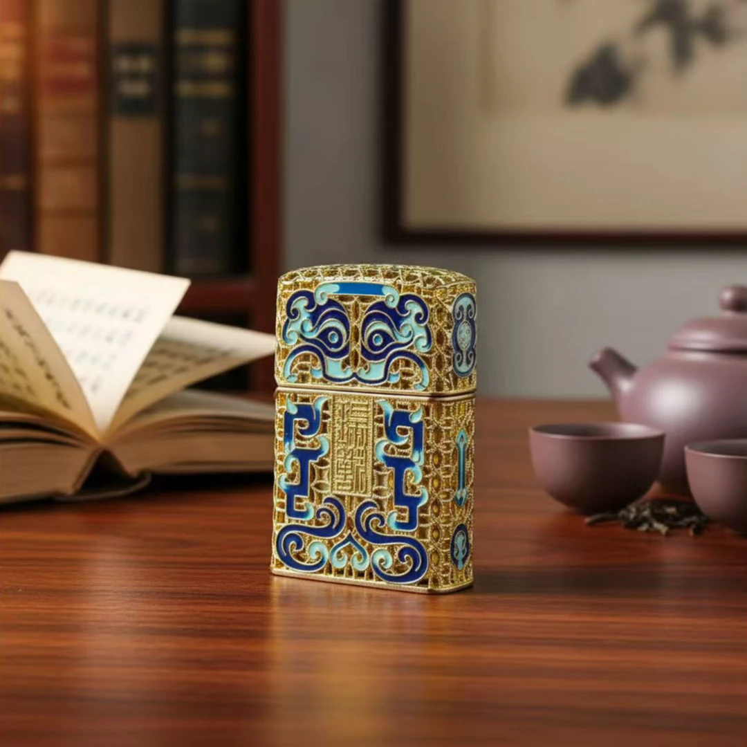 04镀金珐琅祥云纹瑞兽设计砂轮打火机【全新机无煤-油】