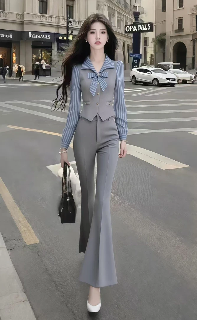 【现货】时尚小众休闲穿搭灰色条纹长袖修身上衣+灰色微喇长裤套装