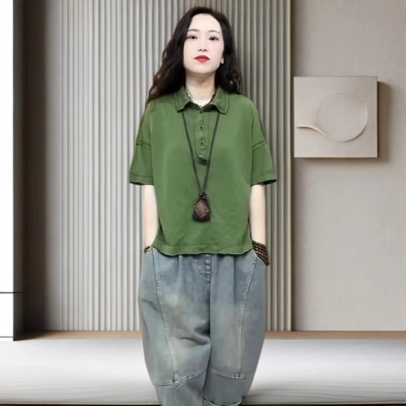 【雅岚女装】时尚洋气显瘦文艺纯棉polo衫上衣大码休闲翻领印花气质