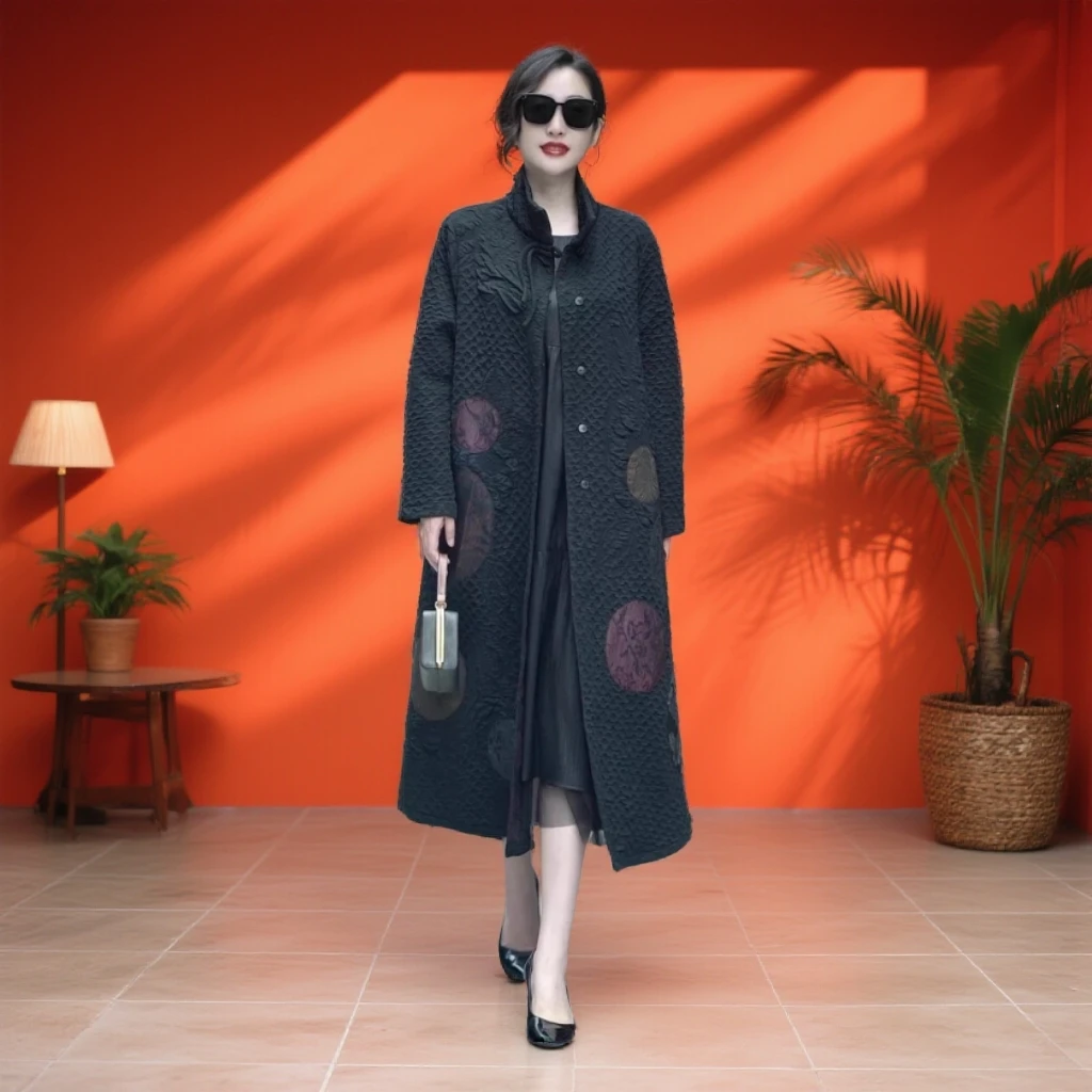 80155秋冬韩新款大码中老年妈妈设计感工艺拼接长款宽松百搭外套