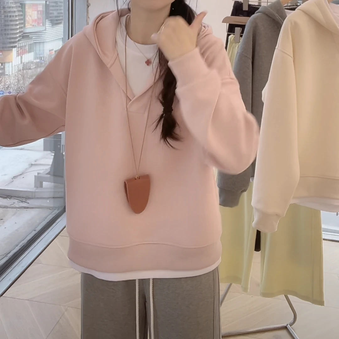 设计感假两件连帽长袖卫衣女春季2025新款韩版简约休闲显高12973